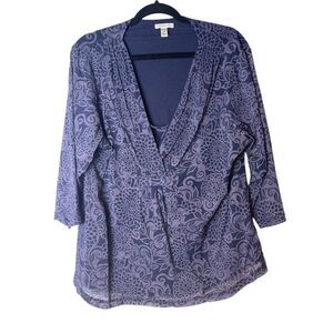 Croft & Barrow Blue Floral Print V-Neck Blouse 2X‎